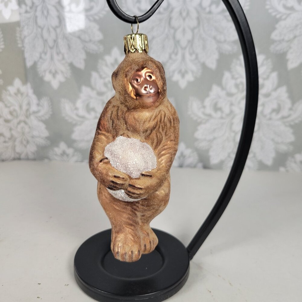 Vintage Hand Blown Glass Christmas Ornament Monkey (like Punch) holding Snowball